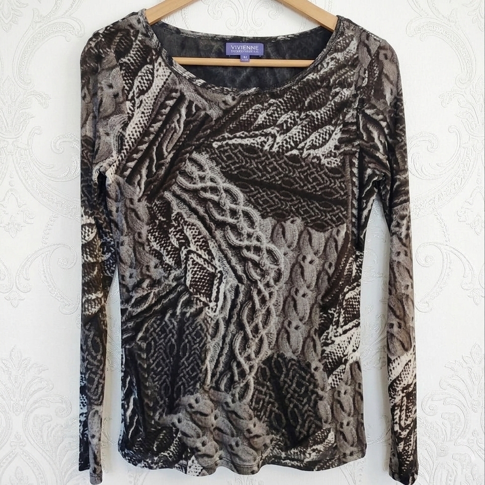 Vivienne Tam Mesh Long Sleeve Top Trompe L'Oeil Cable Knit Print Lined